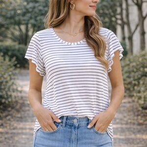 Modern Works Striped Flutter Sleeve Top White Black Size XL